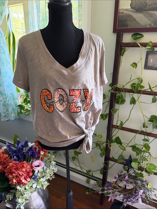 Felina Tops - Light Brown V‑Neck 'COZY' Graphic Tee with Autumn Lettering